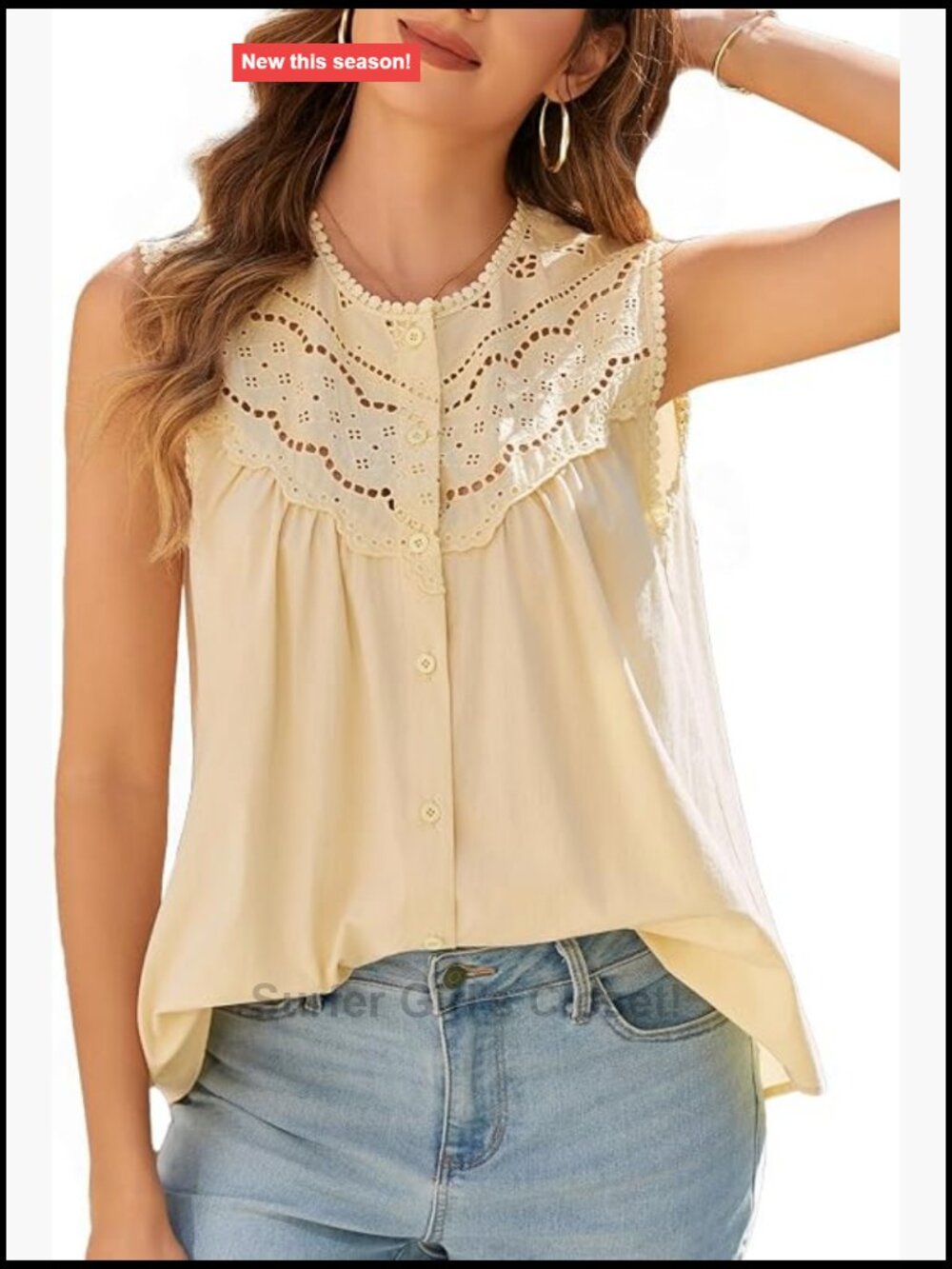 Women Sleeveless Lace Trimmed Tank Top Button Down Lightweight Cotton Boho